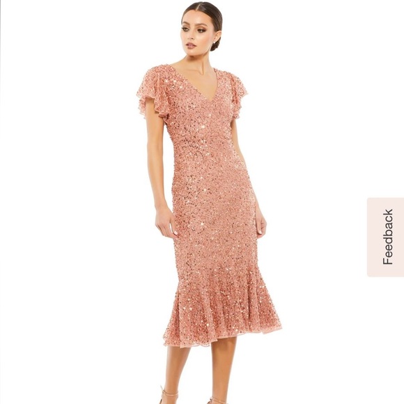 Mac Duggal Dresses & Skirts - Mac Duggal Rose Gold Sequined V Neck Flutter Cap Sleeve Trumpet Dress
